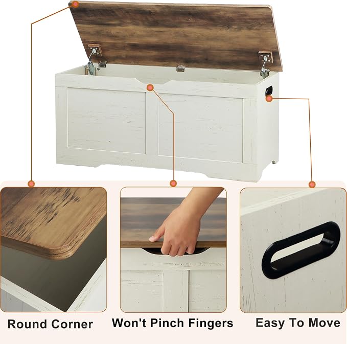 Timberer 39.4" Storage Chest, Wooden Storage Bench, Lift Top Toy Chest with 2 Safety Hinges, Large Toy Box, Entryway Bench for Living Room, Bedroom, Brown and Rustic White