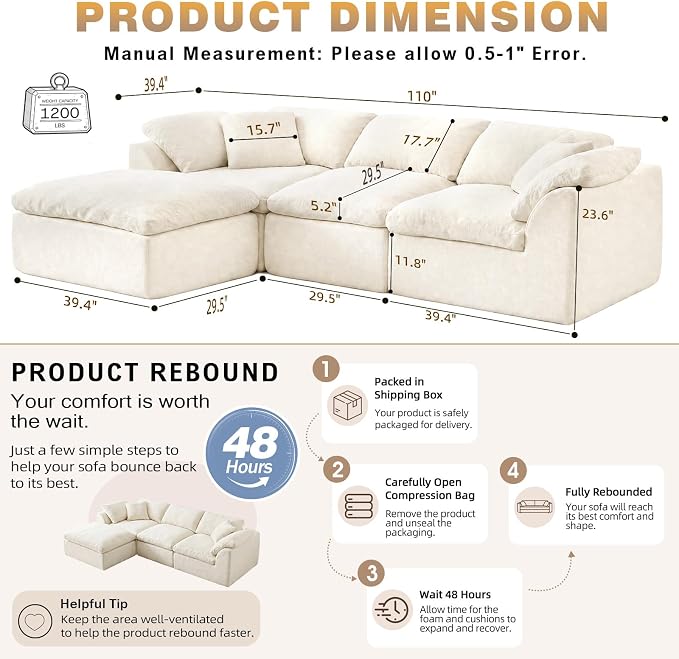 110" Boneless Cloud Couch Sectional for Living Room, Oversized Modular L Shaped Sofa with Ottoman, Deep Seat Chenille Sectional Couch for Cloud-Like Comfort (Beige)