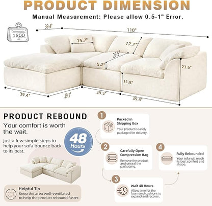 110" Boneless Cloud Couch Sectional for Living Room, Oversized Modular L Shaped Sofa with Ottoman, Deep Seat Chenille Sectional Couch for Cloud-Like Comfort (Beige)