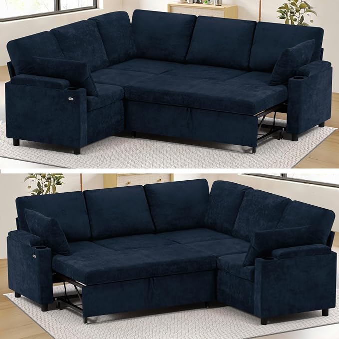 85" Chenille Sectional Sofa w/Pull Out Bed & Storage Space, Blue | Upholstery L Shaped Couch w/Cup Holders, Modern Corner Sofa w/USB Charging Port & Throw Pillow for Living Room
