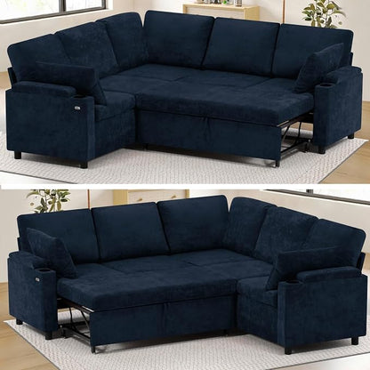 85" Chenille Sectional Sofa w/Pull Out Bed & Storage Space, Blue | Upholstery L Shaped Couch w/Cup Holders, Modern Corner Sofa w/USB Charging Port & Throw Pillow for Living Room