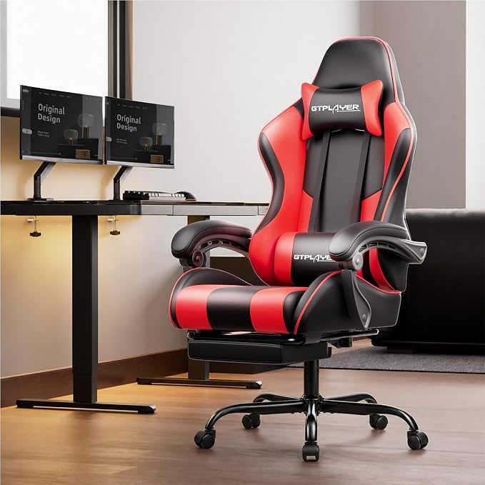 GTPLAYER Gaming Chair, Computer Chair with Footrest and Lumbar Support, Height Adjustable Game Chair with 360°-Swivel Seat and Headrest and for Office or Gaming (Faux Leather, Red)