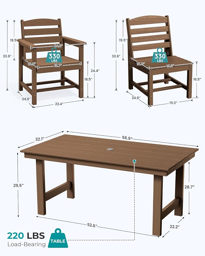 SERWALL Outdoor Dining Sets for 10 Person, HDPE Dining Set with 2 Tables, 8 Armless Chairs and 2 Armed Dining Chairs, Brown