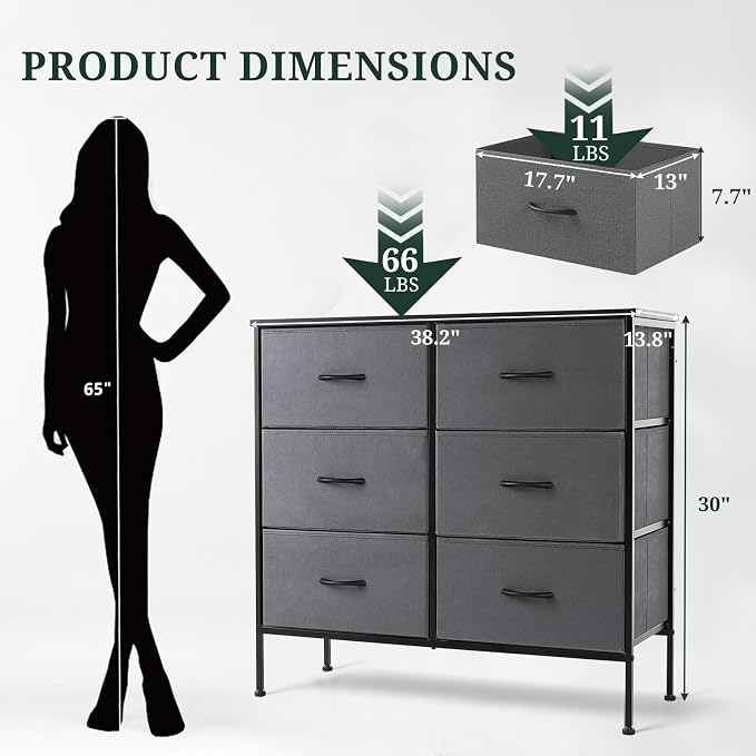 6-Drawer Dresser for Bedroom, Anti-Tip Wide Storage Organizer Chest of Drawers with Wooden Top and Metal Frame Fabric Bins for Closet, Living Room, Hallway, Entryway, Gray