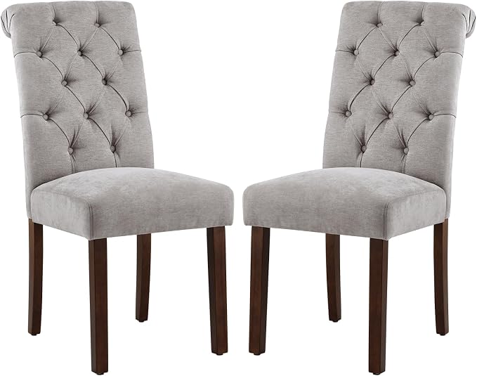 COLAMY Button Tufted Dining Chairs Set of 2, Parsons Upholstered Fabric Dining Room Chairs Kitchen Chairs with Wood Legs and Padded Seat, Light Grey