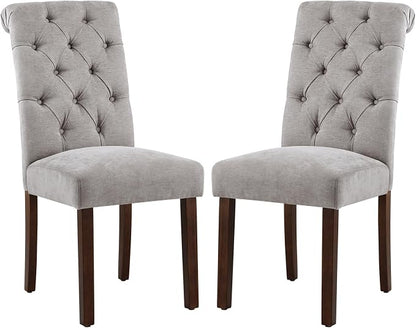 COLAMY Button Tufted Dining Chairs Set of 2, Parsons Upholstered Fabric Dining Room Chairs Kitchen Chairs with Wood Legs and Padded Seat, Light Grey