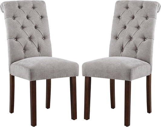 COLAMY Button Tufted Dining Chairs Set of 2, Parsons Upholstered Fabric Dining Room Chairs Kitchen Chairs with Wood Legs and Padded Seat, Light Grey