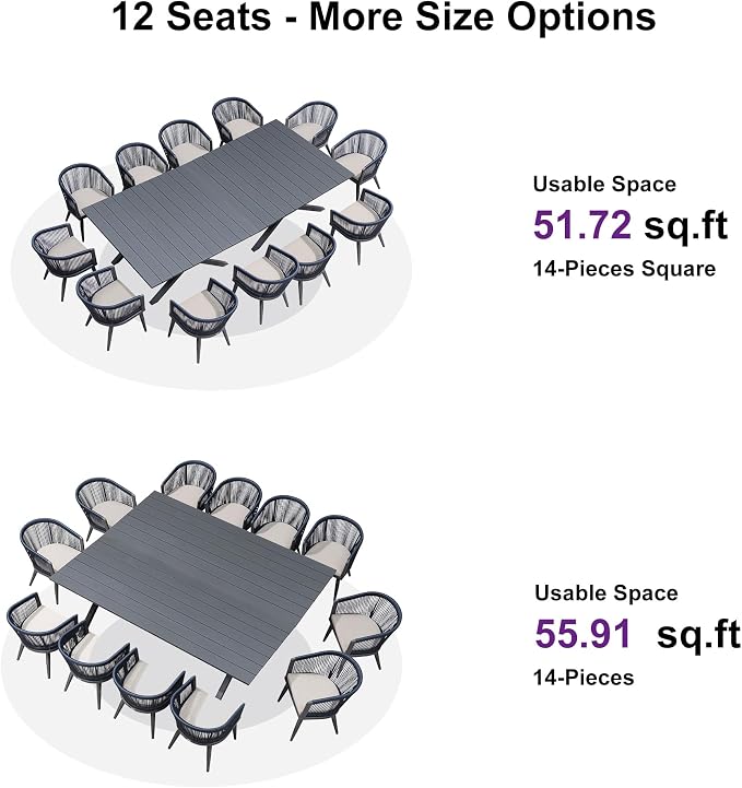 PURPLE LEAF Outdoor Dining Set for 12 All-Weather 14 Pieces Patio Aluminium Dining Large Table and Rope Weave Chairs Included Cushions for Backyard Deck Kitchen Modern Furniture Set Gray and Navy