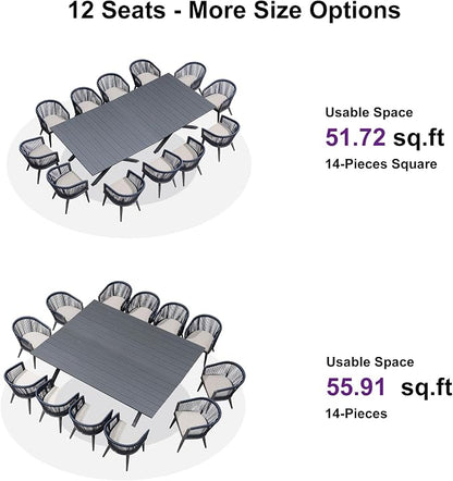 PURPLE LEAF Outdoor Dining Set for 12 All-Weather 14 Pieces Patio Aluminium Dining Large Table and Rope Weave Chairs Included Cushions for Backyard Deck Kitchen Modern Furniture Set Gray and Navy