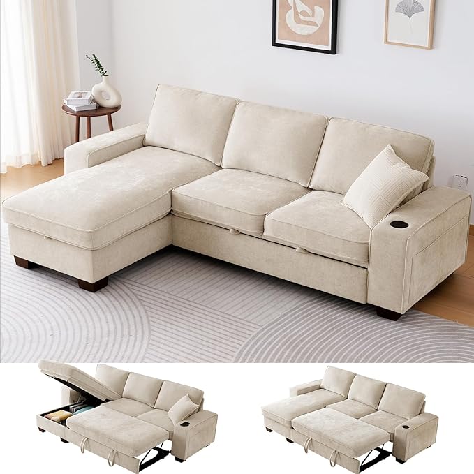 99" Convertible Sleeper Sofa Bed,L Shaped with Storage Chaise Pull Out Couch for Living Room,USB and Type-C,Removable Washable Chenille Covers (Beige)