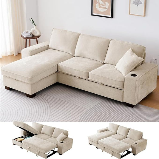 99" Convertible Sleeper Sofa Bed,L Shaped with Storage Chaise Pull Out Couch for Living Room,USB and Type-C,Removable Washable Chenille Covers (Beige)