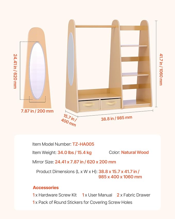 VEVOR Kids Dress Up Storage, with Mirror, Dress Up Closet, Toddler Wardrobe Closet for Little Girls, Armoire with Shelves & Bottom Tray, Costume Organizer, Toddler Room Furniture, for Bedroom, Natural