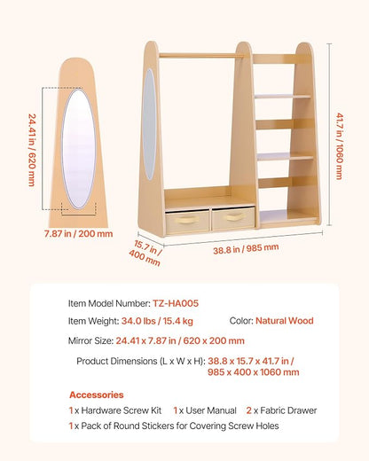 VEVOR Kids Dress Up Storage, with Mirror, Dress Up Closet, Toddler Wardrobe Closet for Little Girls, Armoire with Shelves & Bottom Tray, Costume Organizer, Toddler Room Furniture, for Bedroom, Natural