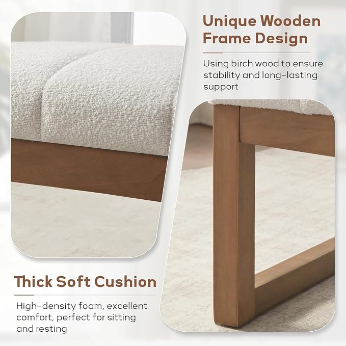 Zihanhome 52.7" Bedroom Bench for End of Bed, Modern Upholstered Teddy Fabric Entryway Bench & Dining Bench, Footrest Stool Bench with Solid Wood Frame for Bedroom, Living Room (Beige)