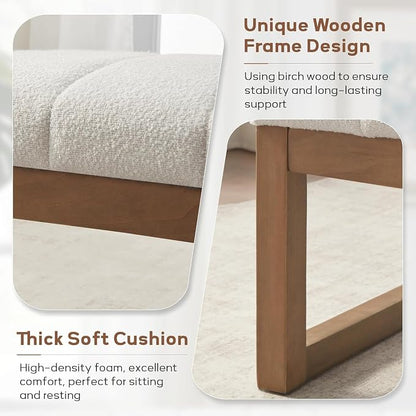 Zihanhome 52.7" Bedroom Bench for End of Bed, Modern Upholstered Teddy Fabric Entryway Bench & Dining Bench, Footrest Stool Bench with Solid Wood Frame for Bedroom, Living Room (Beige)