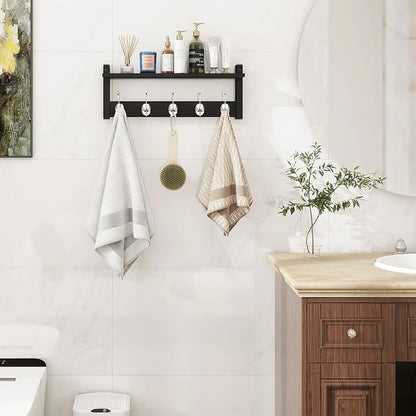 Homode Wall Coat Rack With Shelf, Wood Entryway Hanger With Hooks, Small Floating Pegs for Hanging Coats, Hats, Purses, Backpacks, Black