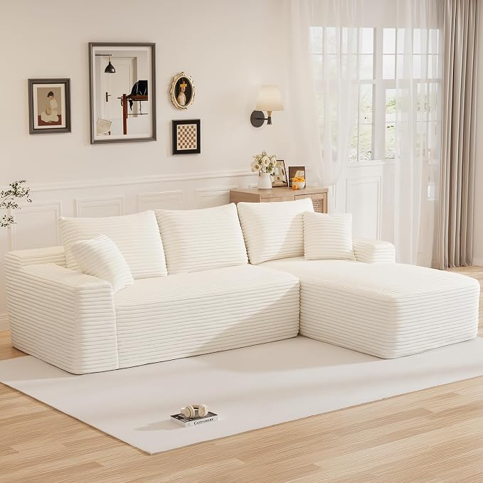 108" L Shaped Cloud Boneless Sectional Couches for Living Room, Modern Comfy Modular Deep Seat Memory Foam Compressed Corduroy Sofa Oversized Right Facing Chaise, No Assembly Required, White