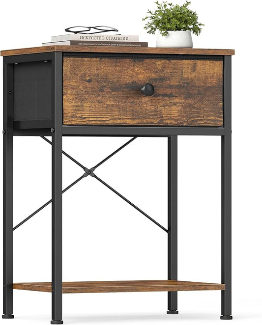 SONGMICS Bedside Table, Side End Table with Drawer, Nightstand with Lower Shelf for Bedroom, Living Room, 11.8 x 15.6 x 23.8 inches, Rustic Brown, BELLAH Collection ULGS101K101S