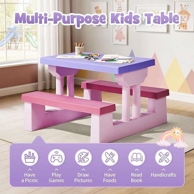 JOYMOR Kids Picnic Table with Removable Umbrella, Plastic Kids Activity Table for Outdoors, Toddler Table and Bench Set for Ages 3+, Ideal for Garden, Patio, Pink & Purple