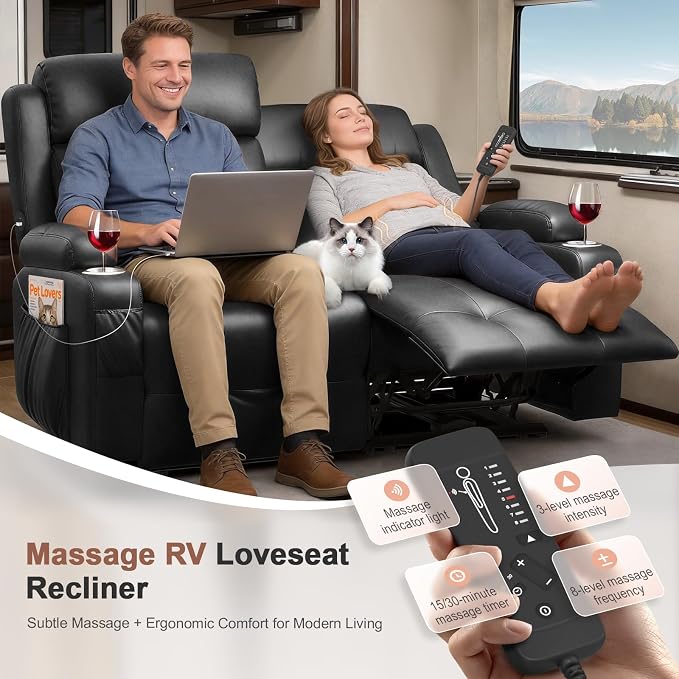 Power Loveseat Recliner with 2-Point Graphene Heat & Massage, Under-Seat Multi‑Color Adjustable LED Light Strips, Foldable Armrest, USB A/C, Wall Hugger Recliner Couch for RV Home Theater