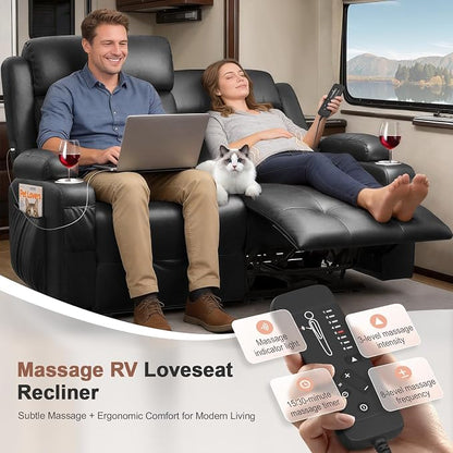 Power Loveseat Recliner with 2-Point Graphene Heat & Massage, Under-Seat Multi‑Color Adjustable LED Light Strips, Foldable Armrest, USB A/C, Wall Hugger Recliner Couch for RV Home Theater