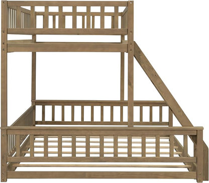 Wood Bunk Bed Twin XL Over Queen Size with Safety Guardrails, Detachable Design Floor Bunk Bed Frame for Kids Teens Boys Girls, Sturdy Slat Support (Walnut-9.30)