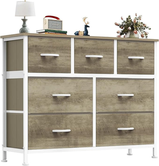 OLIXIS 7 Drawers Fabric Dresser for Bedroom, Storage Tower Organizer for Living Room & Entryway, Sturdy Steel Frame, Wooden Top & Easy-Pull Bins, Closet Chest for Clothes, Oak Greige