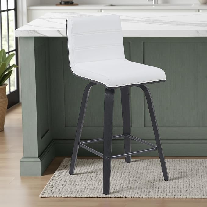 Armen Living Vienna Modern Swivel 26" Counter Height Barstool with White Faux Leather and Black Wood Finish