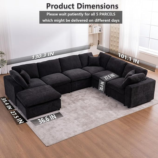 Oversized Modular Sectional Sofa Couch, Large 7 Seater Corner Sofa Modern U Shaped Sectional Couch with Ottoman Cloud Couches for Living Room, Office, Spacious Space, Black