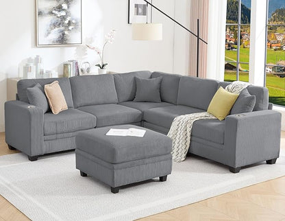 97" Modular Sectional Sofa with Storage, Corduroy 6-Seater V-Shaped Sofa with Ottoman Chaise, Convertible L-Shaped U-Shaped Cloud Sectional Couches for Living Room, Apartment