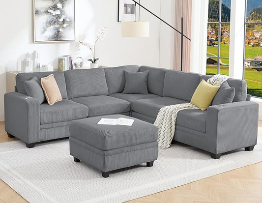 97" Modular Sectional Sofa with Storage, Corduroy 6-Seater V-Shaped Sofa with Ottoman Chaise, Convertible L-Shaped U-Shaped Cloud Sectional Couches for Living Room, Apartment