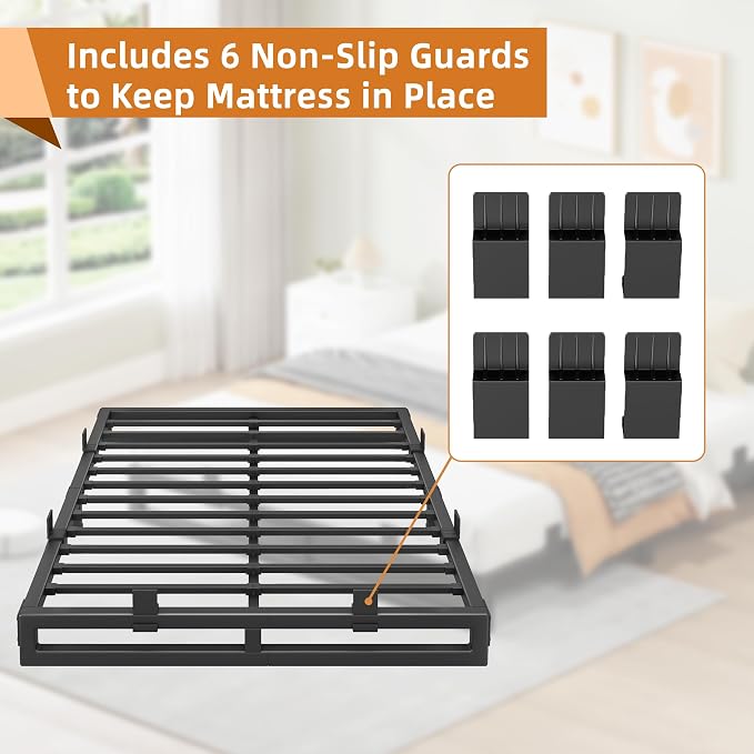 Queen Bed Frame, 6 Inch Metal Platform Bed Frames with Squeak Free U-Slot Design, 6 Non-Slip Guards, 3500lbs Heavy Duty Steel Slat Support, No Box Spring Needed, Under Bed Storage, Black