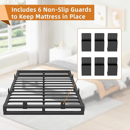 Queen Bed Frame, 6 Inch Metal Platform Bed Frames with Squeak Free U-Slot Design, 6 Non-Slip Guards, 3500lbs Heavy Duty Steel Slat Support, No Box Spring Needed, Under Bed Storage, Black