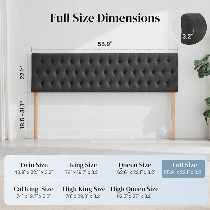 Tufted Upholstered Full Size Bed Headboard in Modern Button Design, Adjustable Solid Wood Head Board, Premium Linen Fabric Padded Headboards in Bedroom (Dark Grey)