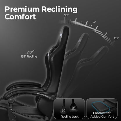 N-GEN GAMING Video Gaming Chair with Footrest Lumbar Support for Home Office High Back Recliner Height Adjustable Ergonomic Comfy Leather Computer Desk Chair (Deep Black)