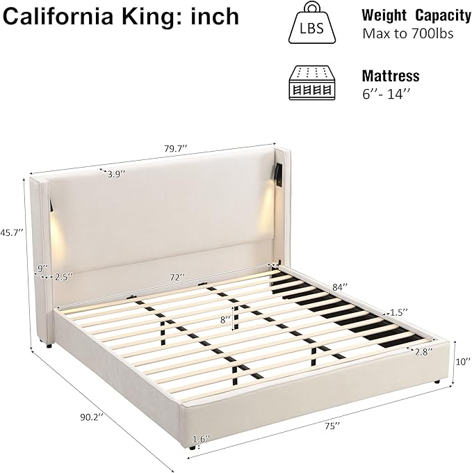 Christopher Knight Home Hazel 45.70"H California King Bed Frames, Linen Upholstered Cal King Bed Frame, Slats Panel Support, No Spring Box Needed, Wingback Headboard with Reading Lamps and USB, Beige