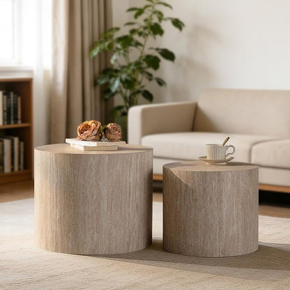 Nesting Round Coffee Table Set of 2, Circle Accent End Table for Small Spaces, Morden Drum Side Table, Wooden Center Table for Living Room, Fully Assembled - Beige