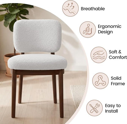 Wooden Dining Chairs Set of 2, Boucle Upholstered Kitchen Chairs with Solid Wood Legs, Mid Century Modern Dining Chairs, Farmhouse Side Chair with Hardwood Frame for Dining Room, White