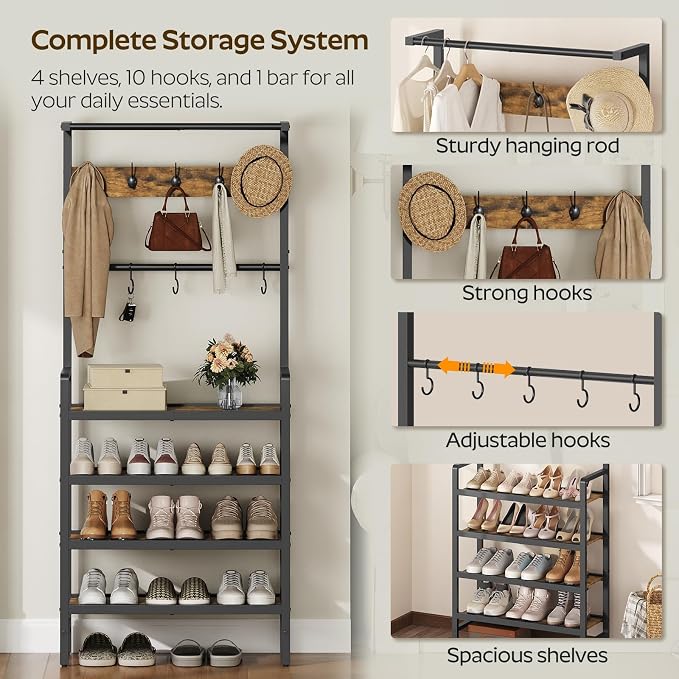 YATINEY Hall Tree, Coat and Shoe Rack, Entryway Coat Rack with 4-Tier Wooden Shoe Rack and 10 Hooks, Freestanding Hall Tree with Shoe Storage for Entryway, Hallway, Rustic Brown and Black MT09BR