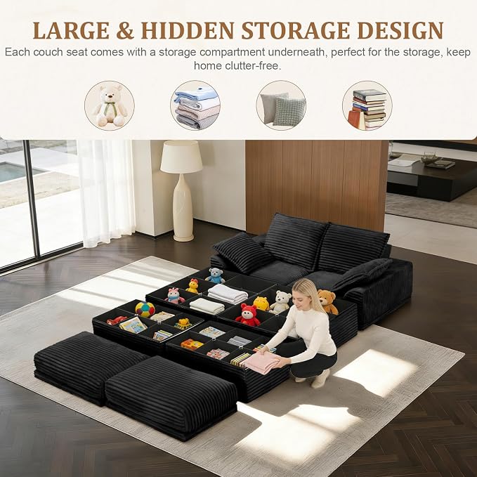 Upgrade Boneless Couch with Storage, Extra Deep&High Seat Modular Sectional Sofa 2 Seater Loveseat Sofa with Ottoman, Tool-Free Assembly Sectional Couches for Living Room Bedroom Apartment