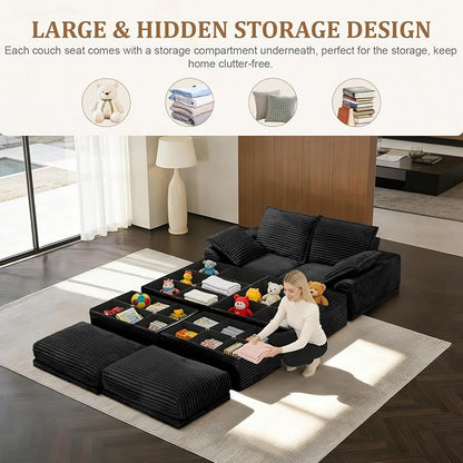 Upgrade Boneless Couch with Storage, Extra Deep&High Seat Modular Sectional Sofa 2 Seater Loveseat Sofa with Ottoman, Tool-Free Assembly Sectional Couches for Living Room Bedroom Apartment