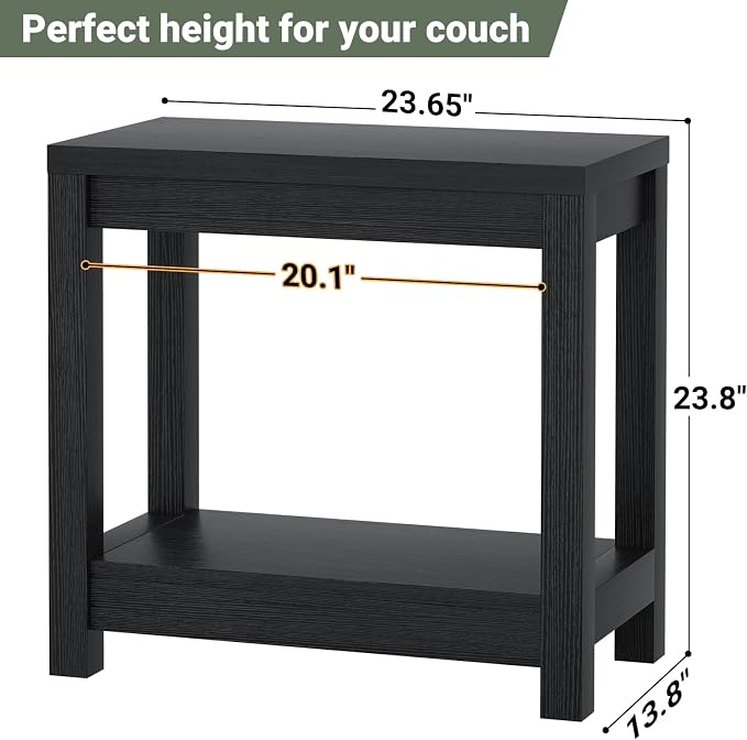 Besiost Farmhouse End Table, Narrow Side Table, Slim End Table with Storage Shelf, Small Console Table for Small Spaces, Nightstand Sofa Table for Living Room, Bedroom, 24" Embossed Wood Grain Black