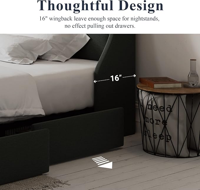 Allewie Full Size Bed Frame with 4 Storage Drawers and Wingback Headboard, Button Tufted Design, No Box Spring Needed, Dark Grey