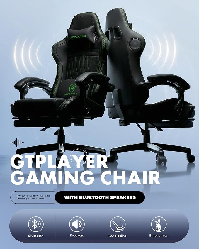 GTPLAYER Gaming Chair with Speakers, Video Game Chairs with Footrest, PC Gamer Chairs for Adults - Padded High Back Ergonomic Reclining Silla Gamer, Linkage Armrest, Ace Pro, Green