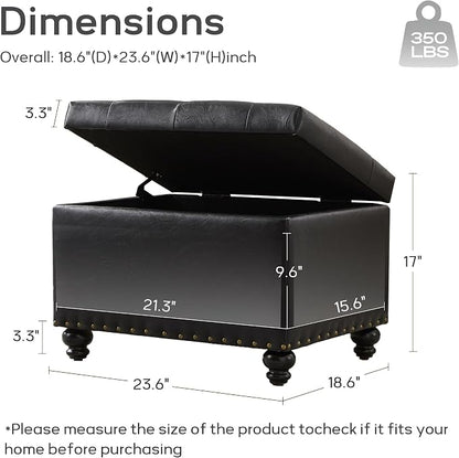 Zihanhome Leather Ottoman with Storage, Upholstered Button Tufted Ottoman Foot Rest, Foot Stools, 24" Rectangle Ottomans with Storage for Living Room, Bedroom, Dorms and Apartments (Black-PU)