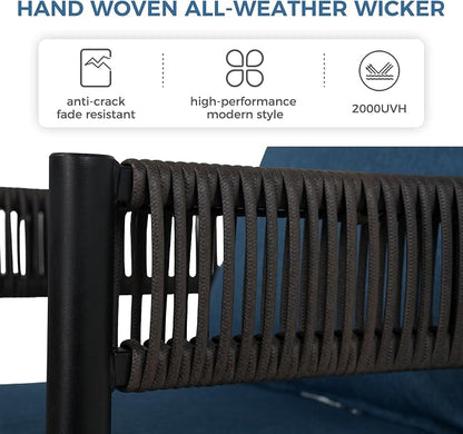 Grand patio 5-Piece Outdoor Dining Set for 4, Metal Woven Wicker Fixed Patio Chairs with Thickened Cushions & 1 Square Woodgrain Dining Table with Umbrella Hole for Backyard Deck (Brown)
