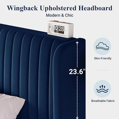 Allewie Full Size Velvet Bed Frame/Vertical Channel Tufted Wingback Headboard/Upholstered Platform Bed/Strong Wooden Slats/No Box Spring Needed/Easy Assembly/Blue