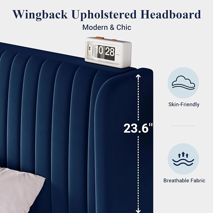 Allewie Queen Size Velvet Bed Frame/Vertical Channel Tufted Wingback Headboard/Upholstered Platform Bed/Strong Wooden Slats/No Box Spring Needed/Easy Assembly/Dark Blue