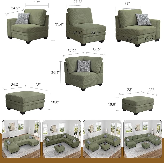 Legend Vansen Oversized Modular Sectional Sofa,6 Seat U Shaped Couch with Ottoman,Corduroy Sofa with Deep Seat,Convertible Large Sectional Couches for Living Room(Olive, U-6)