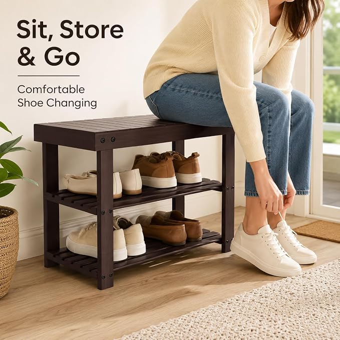 Shoe Rack Bench, 3-Tier Shoe Storage Organizer for Entryway , Shoe Shelf for Small Spaces, Multi-Functional Side Table Plant Stand, Shoe Stand for Bedroom, Living Room, Closet, Front Door, Brown